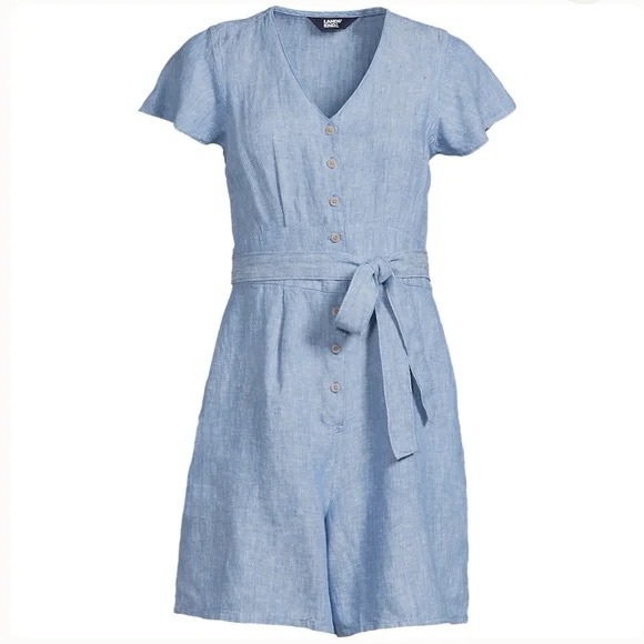 Lands End Linen Blue Button Down Romper 6 - Picture 3 of 8